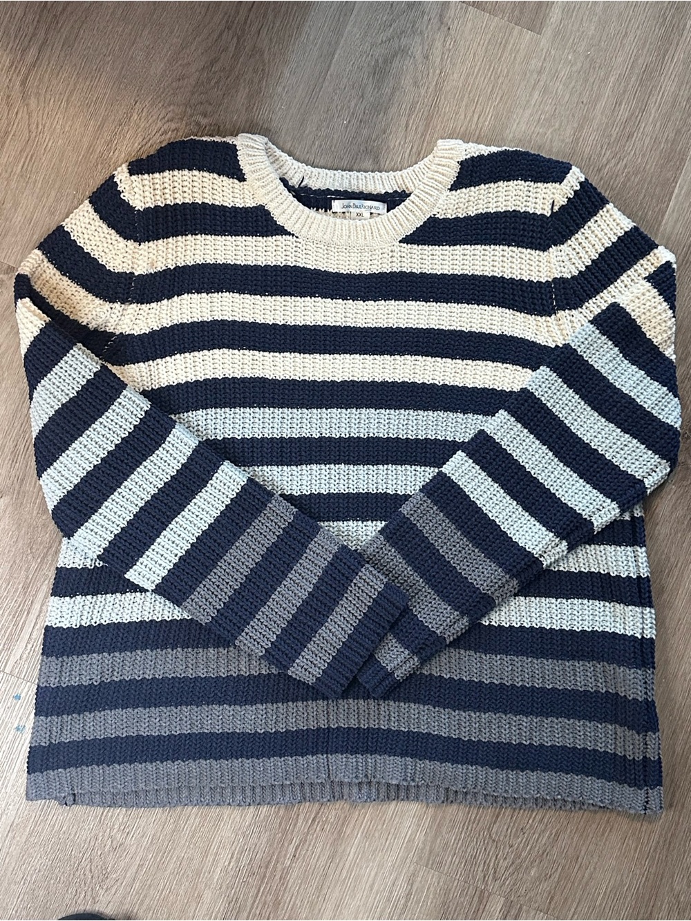 JohnPaulRichard Navy & Cream Striped Knit Crewneck